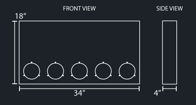 34" WIDE X 18" TALL X 4" WIDE SQUARED REAR PANEL W/5-4" ROUND LIGHT HOLES
