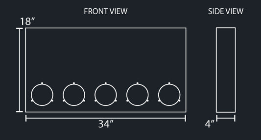 34" WIDE X 18" TALL X 4" WIDE SQUARED REAR PANEL W/5-4" ROUND LIGHT HOLES