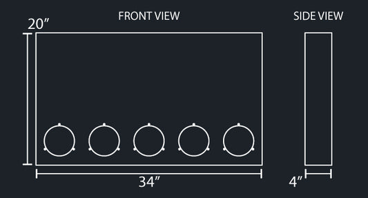 34" WIDE X 20" TALL X 4" WIDE SQUARED REAR PANEL W/5-4" ROUND LIGHT HOLES